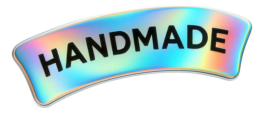 Iridescent tag sticker with HANDMADE offer in bold font, stylish retail promo appeal on transparent background.