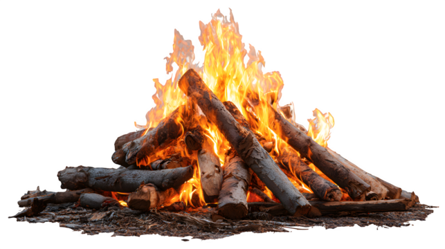 Burning campfire with flames and wood isolated on white