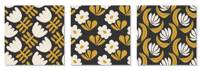 Set of trendy minimalist seamless botanical pattern with abstract creative hand drawn composition