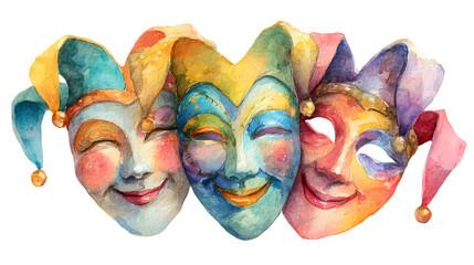 Carnival celebration masks with happy faces in watercolor style isolated on white