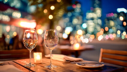 A romantic dinner with wine glasses on an outdoor table, city lights twinkling in the background
