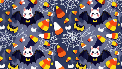 A cute Halloween seamless pattern featuring adorable cartoon bats and sweet candy corn