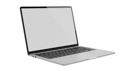 A modern, slim silver laptop computer is open with a blank white screen, isolated on a white background for mockup.
