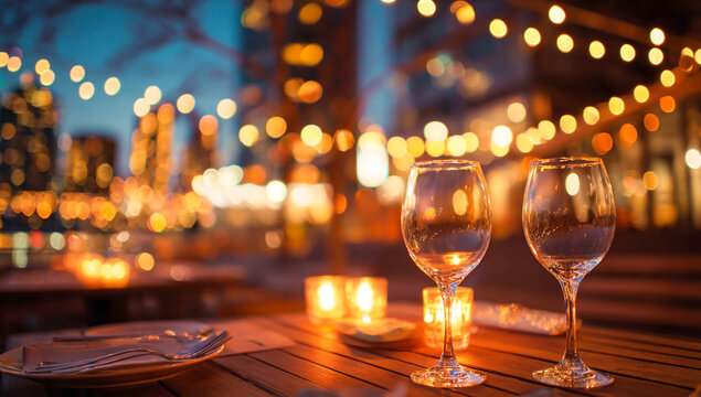 A romantic dinner with wine glasses on an outdoor table, city lights twinkling in the background - Powered by Adobe