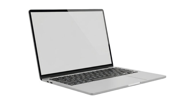 A modern, slim silver laptop computer is open with a blank white screen, isolated on a white background for mockup.