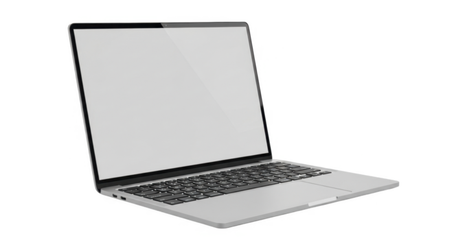 A modern, slim silver laptop computer is open with a blank white screen, isolated on a white background for mockup.