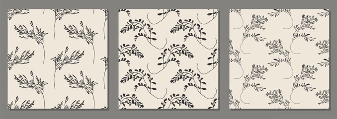 Set of trendy minimalist seamless botanical pattern with abstract creative hand drawn composition