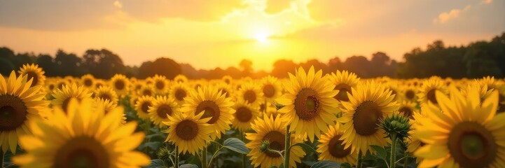 Obraz premium Golden hour sunlight illuminates a vibrant yellow field of sunflowers, stretching to the horizon The scene evokes warmth, joy, and the beauty of nature's vibrant hues , nature, illumination, bloom