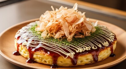 Authentic Japanese Okonomiyaki with Dancing Bonito Flakes and Savory Sauces