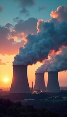 Immense coal-fired power plant generating electricity, billowing smoke stacks against a dramatic sky Industrial energy production, environmental impact clearly visible , smoke stack, coal