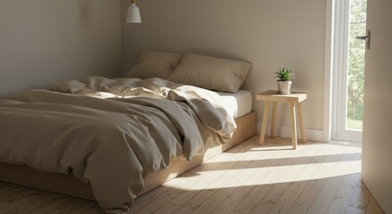 Cozy bedroom with natural light modern interior minimalist design serene atmosphere indoor view comfort concept for relaxation