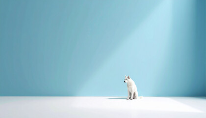 Minimalist scene with a white dog sitting in a spacious blue room, modern pet photography ideal for posters, ads, and contemporary interior design projects.
