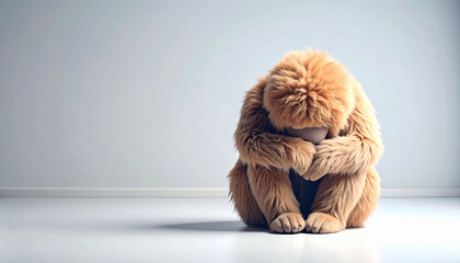 A fluffy creature in a seated, introspective pose against a minimalist background, symbolizing solitude, melancholy, or deep contemplation in conceptual fine art photography.