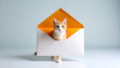 Playful ginger cat walking while inside an open envelope, whimsical pet photography ideal for greeting cards, creative projects, and cute animal prints.