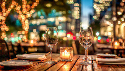 A romantic dinner with wine glasses on an outdoor table, city lights twinkling in the background