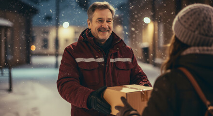 Smiling postal worker handing over a parcel in the snow Concept of Smile Day  