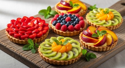 Delicious Assorted Fruit Tarts on Wooden Board