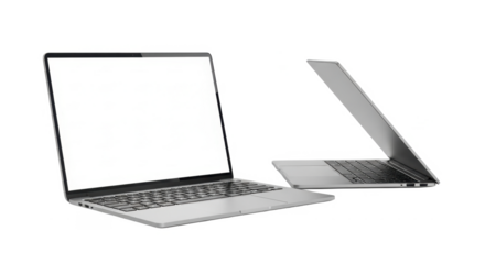 Two modern silver laptops isolated on a white background, one open with a blank screen and the other shown from a side view.