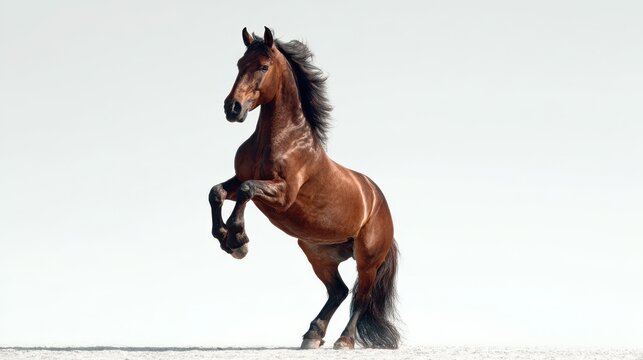 Majestic brown horse rearing on sandy ground showcasing strength and beauty during a sunny day