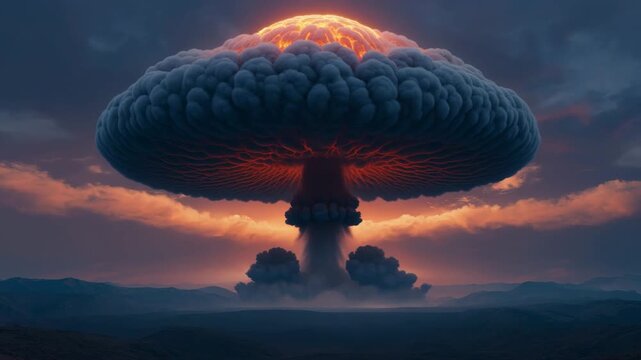 Dramatic depiction of a massive nuclear explosion with a glowing orange mushroom cloud rising above the landscape, illuminating the sky with intense fiery light.