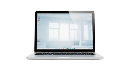 A modern silver laptop computer open and facing the viewer, displaying a bright, minimalist room on its screen.