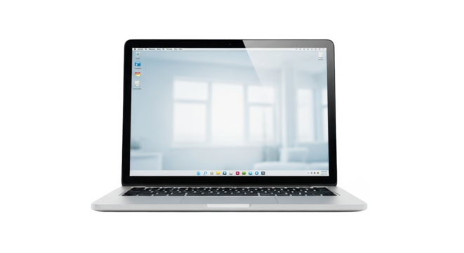 A modern silver laptop computer open and facing the viewer, displaying a bright, minimalist room on its screen.