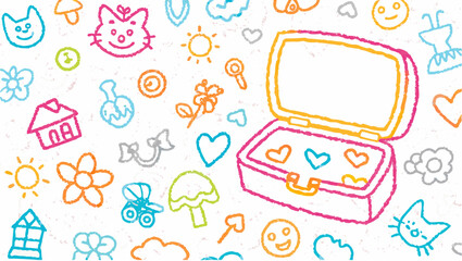 Fototapeta premium Colorful crayon drawing featuring a jewelry box surrounded by whimsical doodles and playful illustrations silhouette