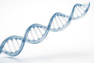 A striking double helix DNA model featuring a blue and white backbone with crystal-like atomic details, softly shadowed and set against a pure white background.