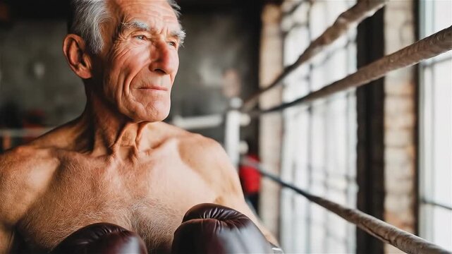 Mastering resilience in the boxing ring, an elderly fighter reflects on years of dedication and discipline, showcasing strength amidst life's challenges