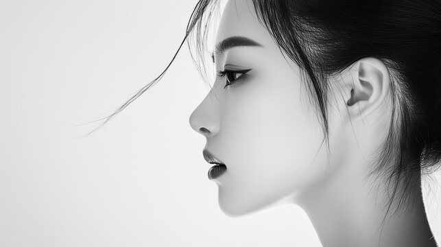 a beautiful chinese woman With a ponytail is peeking from the edge of a white background, only her half face is visible, in a simple, minimalistic style with high contrast between black and white, 