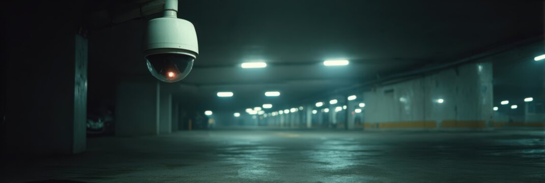Security camera monitoring an empty underground parking lot at night with bright lights illuminating the space