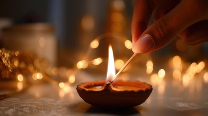 A hand lights a traditional oil lamp against a backdrop of glowing fairy lights, symbolizing hope and celebration.