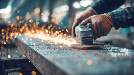 The close-up shot captures the intensity and precision of a worker's hands using an angle grinder to smooth and shape a metal surface, creating a shower of vibrant sparks. The focus on the tool