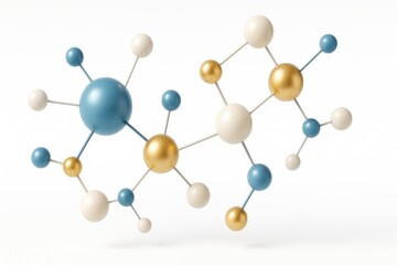 Obraz premium Stunning abstract molecular network illustration featuring realistic blue, white, and gold spheres interconnected by scientifically accurate bonds.