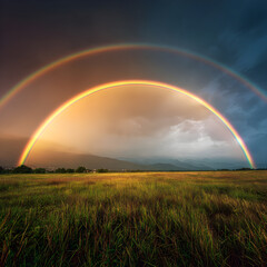 Naklejka premium A Majestic Display of Dual Rainbows Arcing Gracefully Over an Expansive, Sunlit Field Capturing Nature's Beauty in a Moment of Serene Tranquility and Awe-Inspiring Wonder