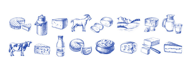 Hand drawn sketch milk and cheese dairy products set. Vector vintage illustration © pim