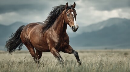 Powerful brown horse galloping across grassy field against dramatic mountain backdrop on cloudy day