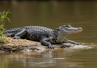 Obraz premium American Alligator Basking on Riverbank, Detailed View
