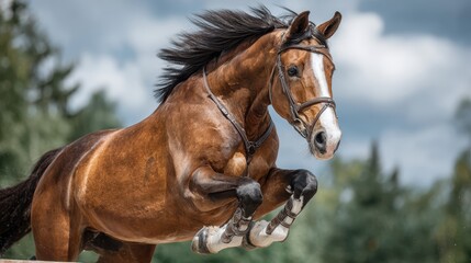 Obraz premium Horse leaping gracefully over a jump in an outdoor arena during a sunny day with cloudy skies