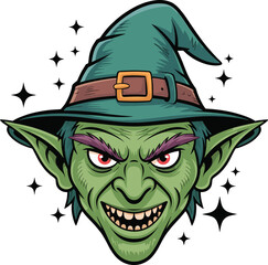 Cartoon goblin face, green monster smile, wicked fantasy creature, Halloween goblin, evil expression, pointy ears, enchanted grin, spooky head