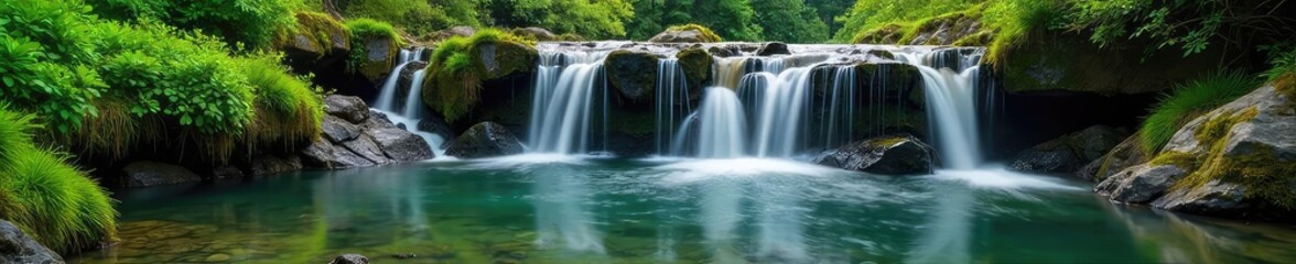 Fototapeta premium Serene pond waterfall cascading over mossy rocks, creating a tranquil and picturesque scene Ideal for nature, relaxation, and zen-themed projects , outdoor scene, pond waterfall, relaxation