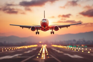 Naklejka premium A vibrant sunset scene captures an airplane landing on a runway, illuminated by lights, creating a dynamic and serene atmosphere.