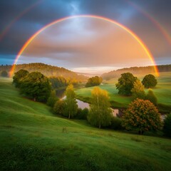 Naklejka premium Majestic Rainbow Arcs Over Misty Landscape with River and Trees