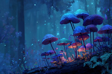 Fototapeta premium Fantasy Forest with Glowing Mushrooms at Night