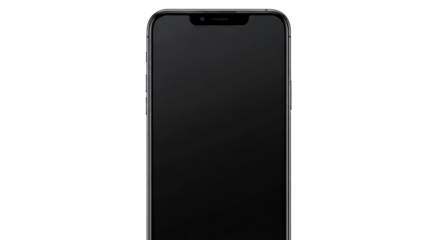 A sleek modern smartphone with a blank black screen and a top notch, isolated on a white background.