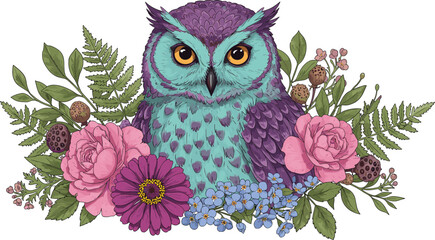 Colorful owl illustration surrounded by flowers and leaves, fantasy floral owl art, vibrant woodland animal vector, nature-inspired decorative design