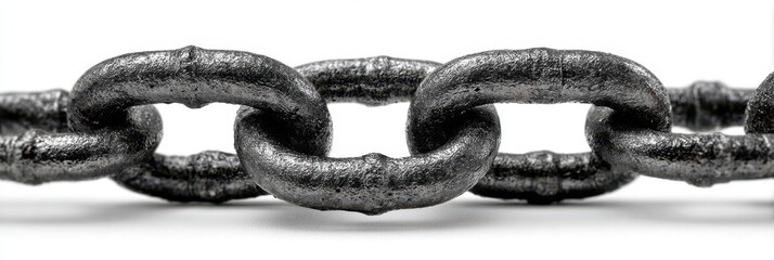 Close-up view of a heavy metal chain link showcasing texture and details on a white background