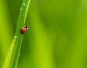 Ladybug on a blade of grass in a vibrant green background