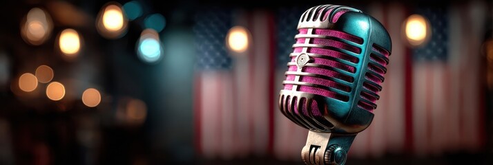 Vintage microphone stands in front of American flags at a lively open mic event in an inviting venue