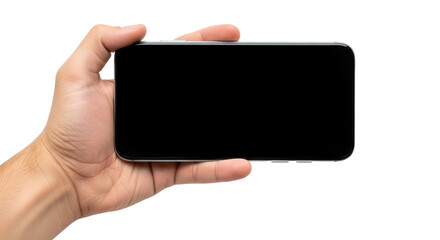 A person's hand holding a modern smartphone horizontally with a blank black screen, isolated on a white background.